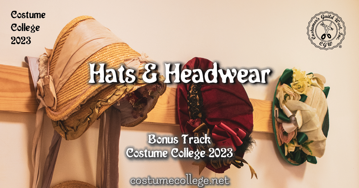 A straw bonnet, a red hat with flowers and a tan and green hat with flowers hanging on a wall.